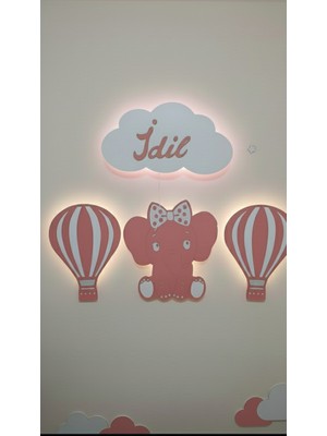Kişiye Özel 4 Lü Fil Tasarımlı LED Gece Lambası – Bulut ve Balon Çocuk Odası Dekoru