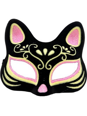 NW NessiWorld Siyah Renk Süet Kaplama Üzeri Pembe Sarı Simli Kedi Maskesi 17X14 cm
