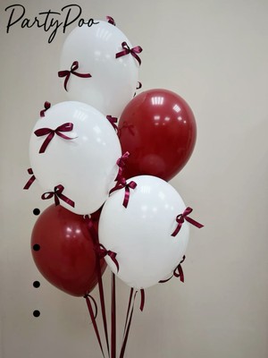 Bordo Fiyonk Kurdeleli, Kırmızı ve Beyaz Balon Seti 10'lu Doğum Günü Fiyonklu Balon, Kurdeleli Balon