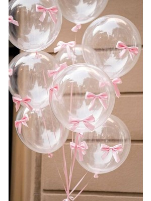 Pembe Fiyonk Kurdeleli Şeffaf Balon Seti 10'lu Doğum Günü Fiyonklu Balon , Kurdeleli Balon