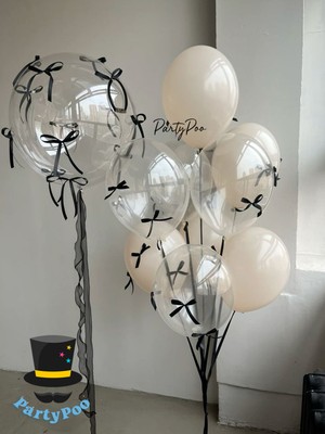 Siyah Fiyonk Kurdeleli Bobo ve Kum Beji - Şeffaf Balon Seti 10'lu Fiyonklu Balon Kurdeleli Balon