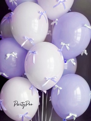 Beyaz Lila Fiyonk Kurdeleli, Lila Beyaz Balon Seti 10'lu Doğum Günü Fiyonklu Balon , Kurdeleli Balon