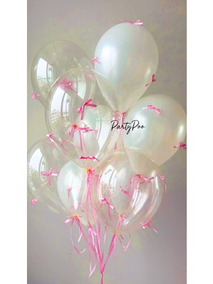 Pembe Fiyonk Kurdeleli Şeffaf-Beyaz Balon Seti 10'lu Doğum Günü Fiyonklu Balon , Kurdeleli Balon