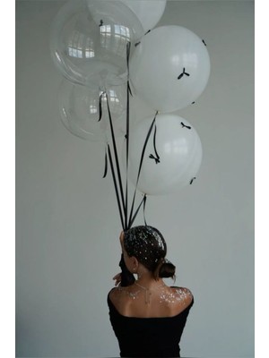 10 Beyaz + 2 Şeffaf Bobo Fiyonklu Balon Seti – 30 Siyah Kurdele ile Parti & Doğum Günü Süsü