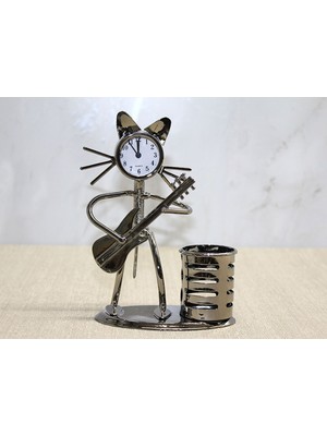 Tbl Dekor Metal Gitar Çalan Müzisyen Kedi Saat ve Kalemlik