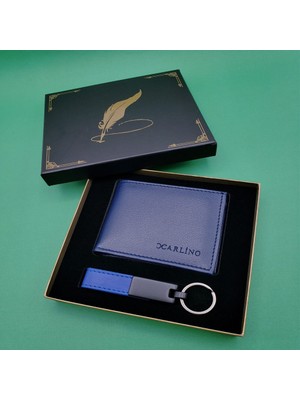 Verto Kutulu Mavi Deri Cüzdan ve Anahtarlık Seti