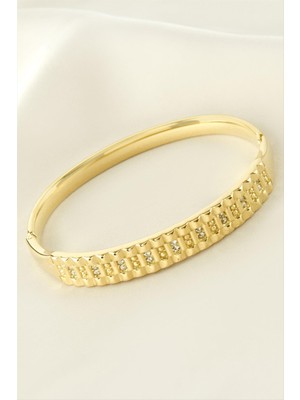 Bijuteri Net Zirkon Taşlı Lüks Çelik Kelepçe Bileklik