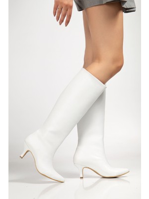 Ellolita Luxury Shoes SYT-2025 Beyaz Cilt Günlük Kadın Çizme