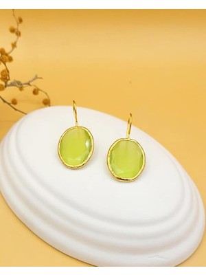 Nevoka Yağ Yeşili Kedi Gözü Sıvama Altın Kaplama Iri Oval Küpe