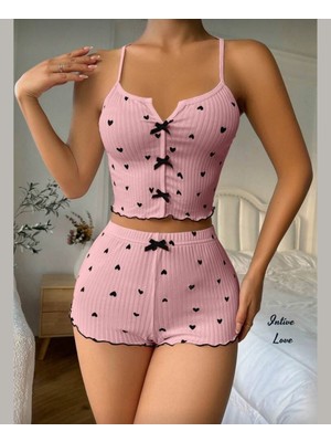 Intive Lingerie Intive Comfort Kalp Desenli V Yaka Ince Askılı Mini Şortlu Büstiyer Takım/pijama Takımı