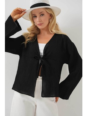 Bigdart Önü Bağcıklı Siyah Kadın Bluz 952