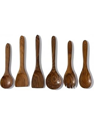 Starseven Doğal Ahşap 6 Parça Mutfak Gereçleri Seti | Yemek Pişirme ve Servis Seti | Kaşık, Spatula, Kevgir,