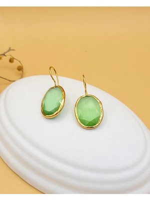 Nevoka Su Yeşili Kedi Gözü Sıvama Altın Kaplama Iri Oval Küpe