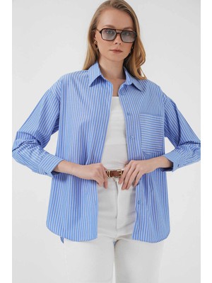 Bigdart Çizgili Oversize Mavi Kadın Gömlek 20205