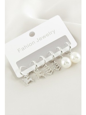 Makay 6 Adet Kalp Inci Taşlı Halka Küpe