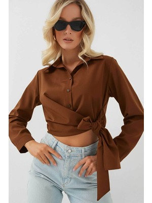 Bigdart Bağlamalı Kahverengi Kadın Gömlek 20325