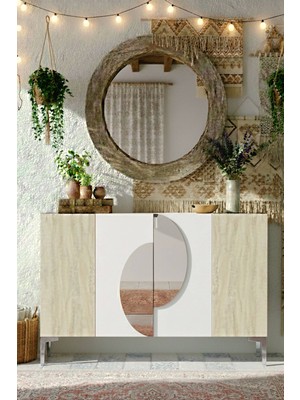 Yumedi Design KA1201BTS - Eylül Konsol ,Tv Sehpası , Çok Amaçlı Dolap, Kahve Köşesi 120CM Beyaz-Traverten -Silver