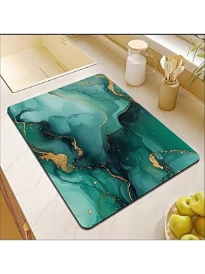 55 cm x 45 cm Yeşil Mermer Desenli Tezgah Üstü Bulaşık Kurutma Matı Bulaşıklık Kurutma Örtüsü