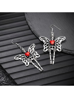 Dükkan Design Red Heart Butterfly Skeleton Küpe