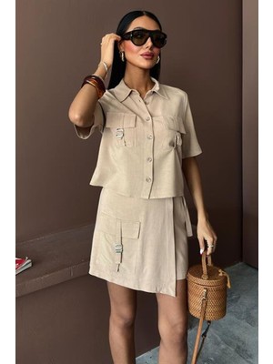 Gömlek Şort Etek Viscon Keten Takım 10162