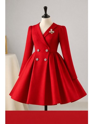 Musgem Özel Tasarım Umay Model Uzun Kol Kırmızı Renk Taş Aksesuarlı Kız Çocuk Abiye Elbise