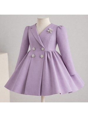 Musgem Özel Tasarım Umay Model Uzun Kol Lila Renk Taş Aksesuarlı Kız Çocuk Abiye Elbise