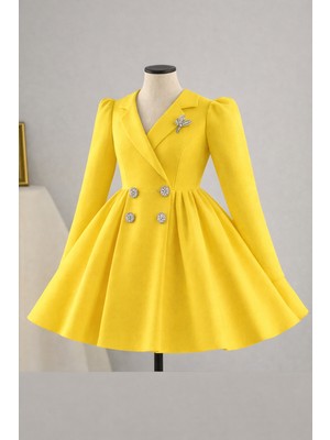 Musgem Özel Tasarım Umay Model Uzun Kol Sarı Renk Taş Aksesuarlı Kız Çocuk Abiye Elbise