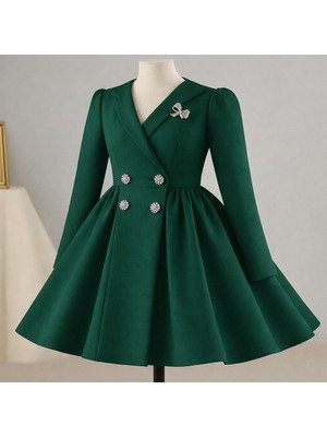 Musgem Özel Tasarım Umay Model Uzun Kol Zümrüt Yeşili Renk Taş Aksesuarlı Kız Çocuk Abiye Elbise