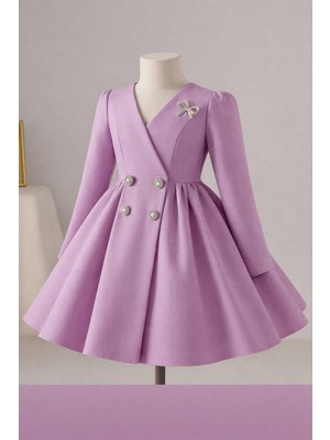 Musgem Özel Tasarım Umay Model Uzun Kol Pembe Renk Taş Aksesuarlı Kız Çocuk Abiye Elbise