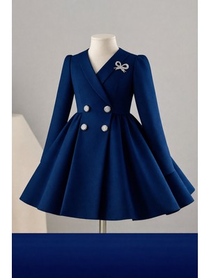 Musgem Özel Tasarım Umay Model Uzun Kol Lacivert Renk Taş Aksesuarlı Kız Çocuk Abiye Elbise