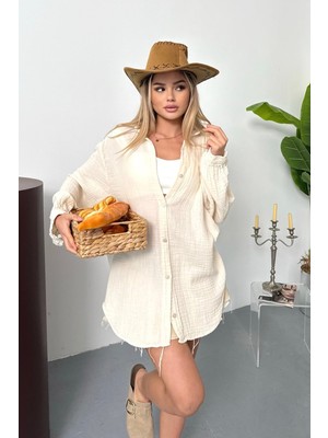 Kadın Uzun Kollu %100 Pamuklu Salaş Gömlek Krem - 26Y 2012