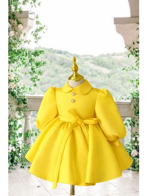 Musgem Özel Tasarım Sarı Uzun Kol Yılbaşı Model Kız Çocuk Abiye Elbise