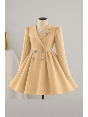 Musgem Özel Tasarım Umay Model Uzun Kol Açık Kahverengi Renk Taş Aksesuarlı Kız Çocuk Abiye Elbise