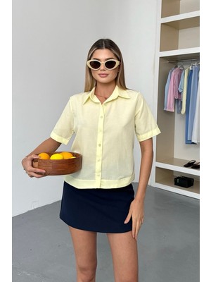 Kadın Kısa Kollu Pamuklu Basic Gömlek Sarı - 26Y 2127