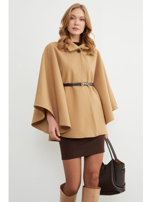 FullaModa Kemerli Polo Yaka Kaşe Panço