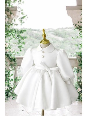 Musgem Özel Tasarım Beyaz Uzun Kol Yılbaşı Model Kız Çocuk Abiye Elbise