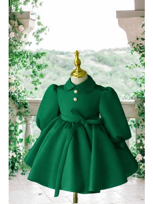 Musgem Özel Tasarım Zümrüt Yeşili Uzun Kol Yılbaşı Model Kız Çocuk Abiye Elbise