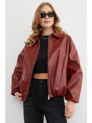 FullaModa Fermuarlı Cepli Polo Yaka Bomber Suni Deri Ceket