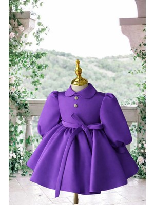 Musgem Özel Tasarım Mor Uzun Kol Yılbaşı Model Kız Çocuk Abiye Elbise