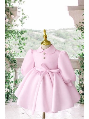 Musgem Özel Tasarım Pembe Uzun Kol Yılbaşı Model Kız Çocuk Abiye Elbise