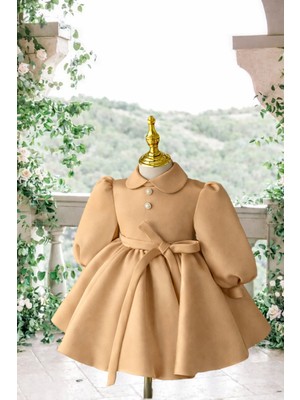 Musgem Özel Tasarım Açık Kahverengi Uzun Kol Yılbaşı Model Kız Çocuk Abiye Elbise