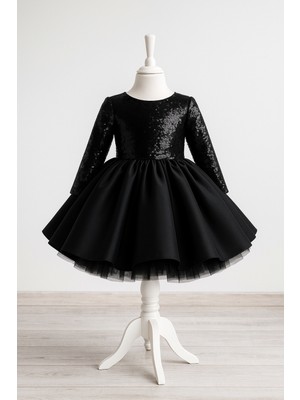 Musgem Özel Tasarım Üst Pullu-Alt Saten ve Kurdeleli Özel Tasarım Siyah Kız Çocuk Abiye Elbise