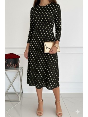 Etiler Collection Kadın Uzun Kollu Bisiklet Yaka Puantiyeli Örme Krep Midi Elbise