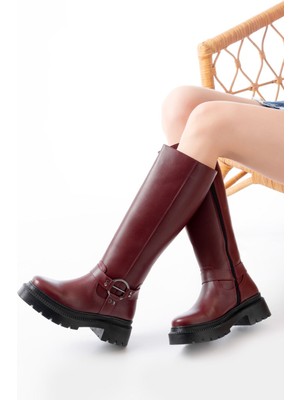 Etiler Collection 236-3021 Bordo Fermuarlı Günlük Kadın Çizme