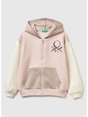 United Colors Of Benetton Kız Çocuk Krem - Pembe Payetli Sweatshirt 39M2C505O  Uzun Kol Kapüşonlu Yaka