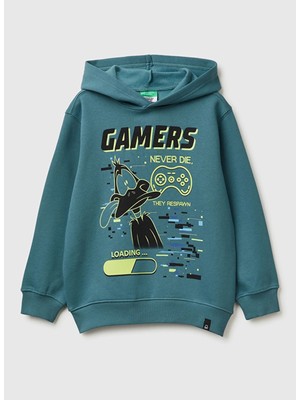 Benetton Baskılı Erkek Çocuk Gri - Yeşil Sweatshırt 3J73C205I