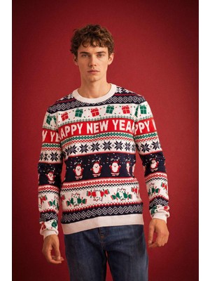 DeFacto Yılbaşı Temalı Standart Fit Bisiklet Yaka Triko Kazak D5489AX25WN