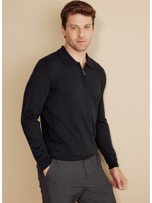 Brooks Brothers Polo Yaka Standart Siyah Erkek Kazak BBFW25MKL023