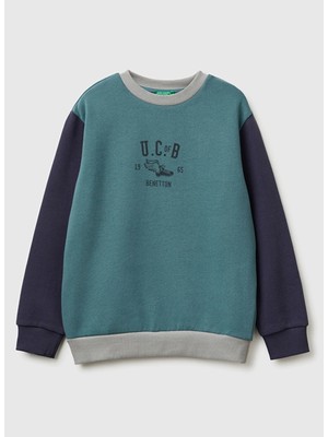 United Colors Of Benetton Koyu Yeşil - Gri Erkek Çocuk Baskılı Sweatshirt 3EB5C10R5