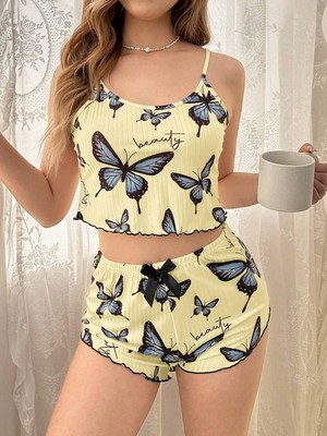 Hazego Kadın Sarı Kelebek Desenli Askılı Şortlu Ribana Pijama Takımı,rahat ve Şık Ev Giyim,kadın Pijama
